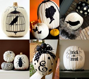 classy white pumpkins with black stencils