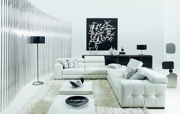 Contemporary-living-room-ideas-black-white-interior-white-sofa-set-black-credenza