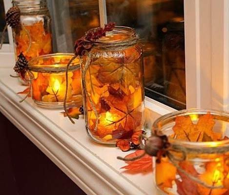 thanksgiving mason jar crafts candle holder fall leaf in 2014 - party table decor-f38418